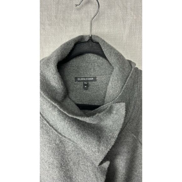Eileen Fisher Wool Jacket Medium Grey Cowl Button Up Pockets Oversize - Picture 2 of 9